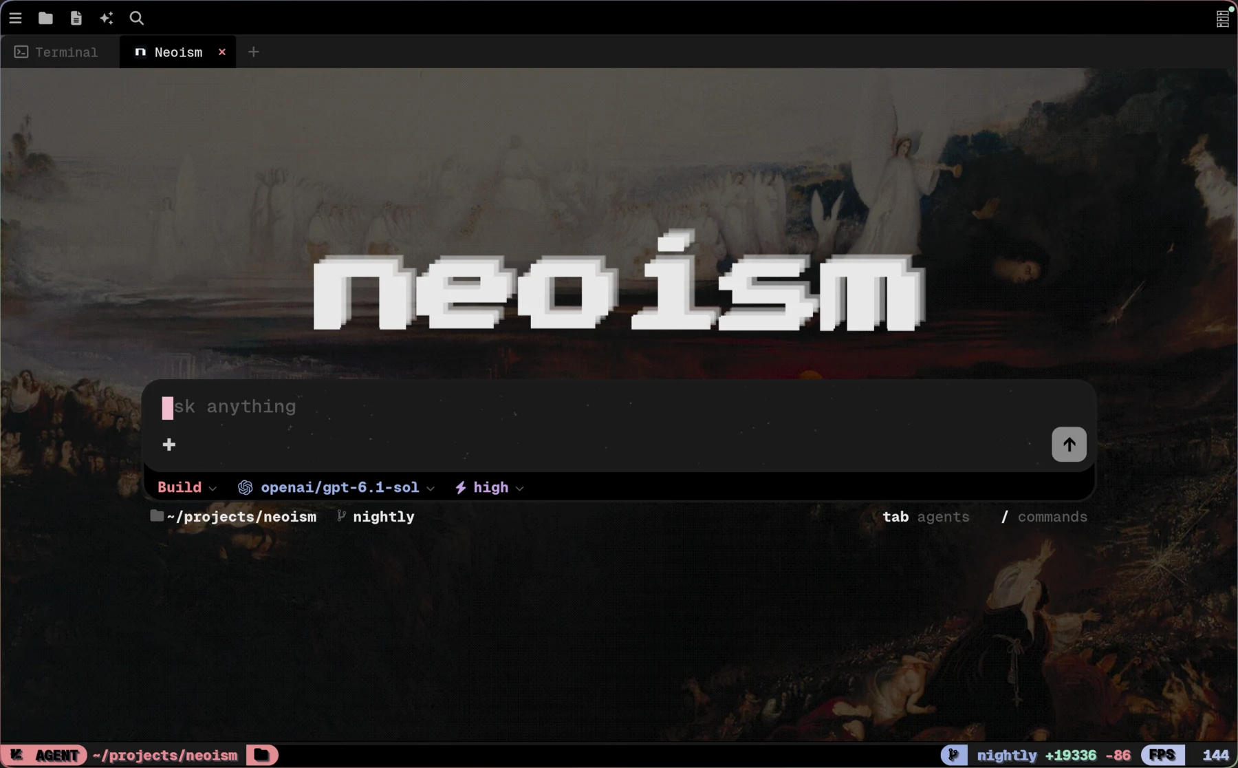 Neoism Agent welcome screen with its pixel wordmark, command composer, model and reasoning controls